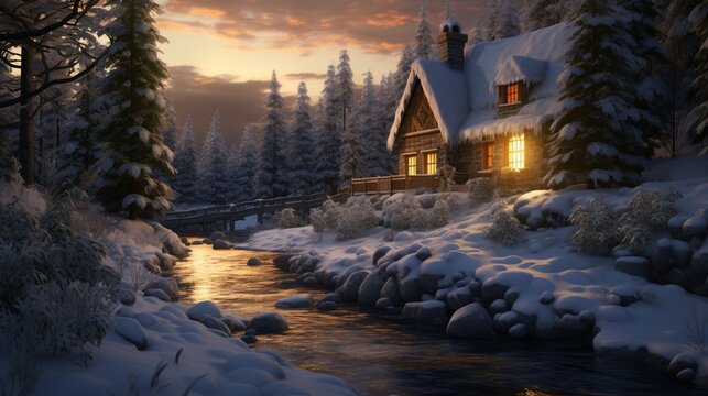 swell cottage in winter forest 8k,