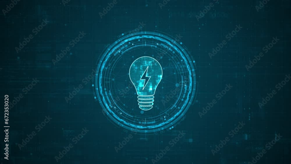 Poster motion graphic of blue digital lamp logo and circle futuristic hud elements with flowing arrows with