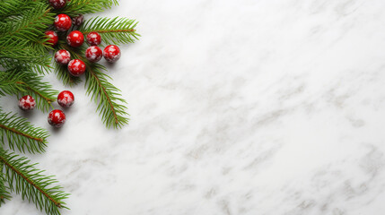 Christmas Background with Fir Branches and Pine Berries on a White Table Top View