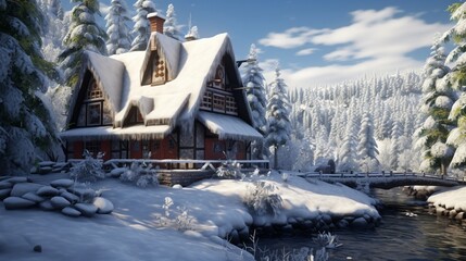 swell cottage in winter forest 8k,