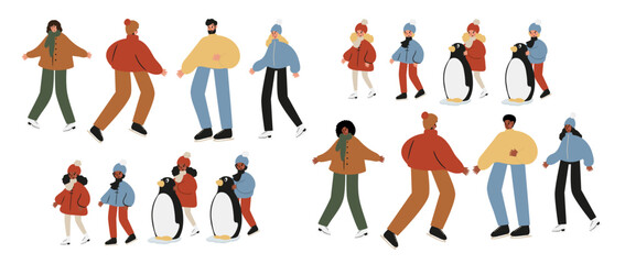 Set of winter season activities illustrations, people skiing, snowboarding, ice skating, sledding, tubing, playing snowballs, building snowman, making snow angel vector clipart, flat style images.