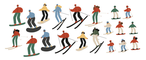 Fototapeta na wymiar Set of winter season activities illustrations, people skiing, snowboarding, ice skating, sledding, tubing, playing snowballs, building snowman, making snow angel vector clipart, flat style images.