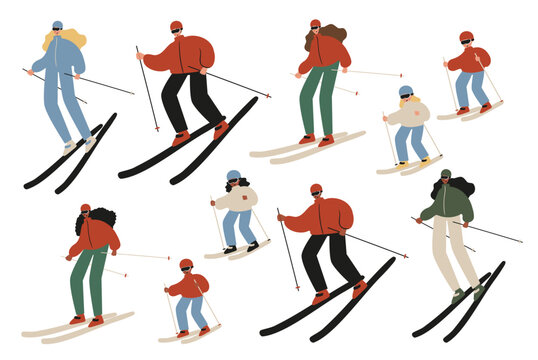 Set of winter season activities illustrations, people skiing, snowboarding, ice skating, sledding, tubing, playing snowballs, building snowman, making snow angel vector clipart, flat style images.