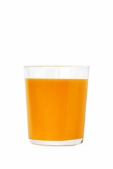 Tall glass of orange juice sits on a bright white background