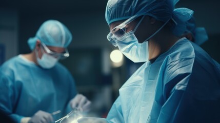 Diverse team of professional medical surgeons perform surgery in the operating room using high-tech equipment.