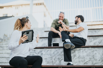 Confident business partners discussing project documentation outdoors in an urban city. Analyzing...