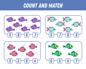 Education game for children count and match of cute cartoon fishes, underwater animal printable worksheet. Vector