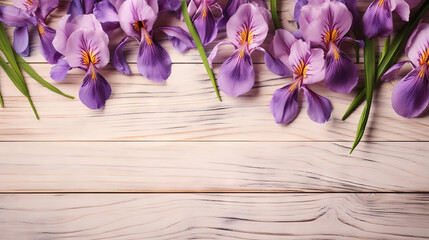  a bunch of purple flowers on a wooden table with a white background.  generative ai