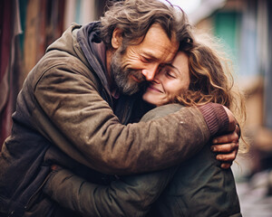 An emotional hug of two homeless. Couples have only each other. Happy people without a home.