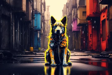 Fotobehang Pop art yellow color dog sitting on a street. Colorful, bright vivid colors, collage portrait of animal with different elements and symbols. Abstract contemporary art in old fashioned style. © Santijago