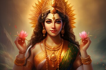 Goddess Lakshmi or Laxmi. Religious concept. Portrait with selective focus and copy space