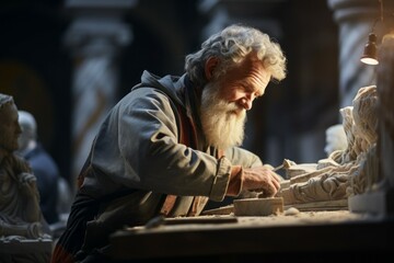 Male professional stone carver. Top professions concept. Portrait with selective focus and copy space