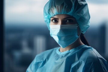 Female surgeon in a medical mask during an operation. Top professions concept. Portrait with selective focus - obrazy, fototapety, plakaty
