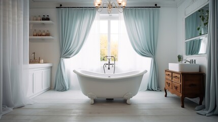 Fototapeta na wymiar Interior design bathroom with White tub and curtain of window. AI generated image