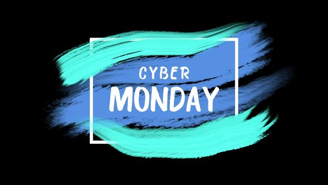 Cyber Monday text with blue watercolor brush on black gradient, motion abstract art, watercolor and holidays style background