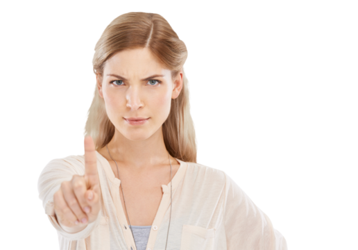 Woman, portrait and angry with pointing stop, no or rejection for feedback or review isolated on png transparent background. Person, face and hand gesture for disagreement, warning or decision