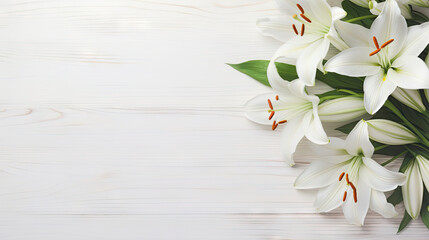  a bouquet of white flowers on a white wooden background with space for text.  generative ai