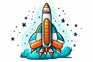 Fototapeta premium Colorful cartoon rocket with clouds and stars