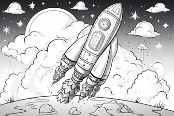 Black and white rocket launch drawing with clouds