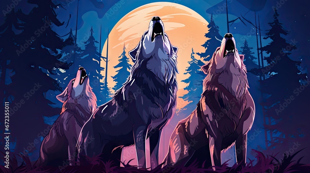 Aufkleber three wolfs in front of a full moon with trees in the foreground and a full moon in the background. 