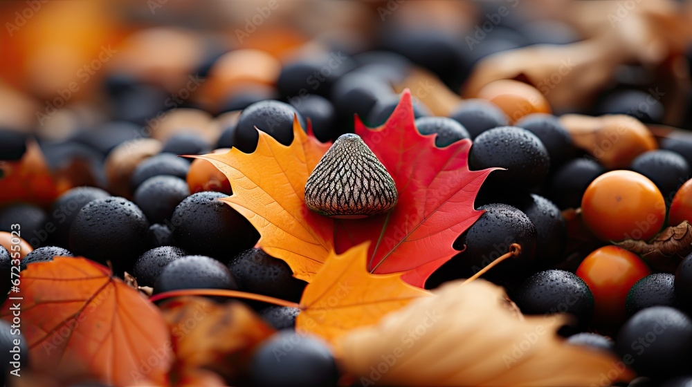 Poster a close up of a bunch of berries with a leaf on top of one of the berries on the other. generative a