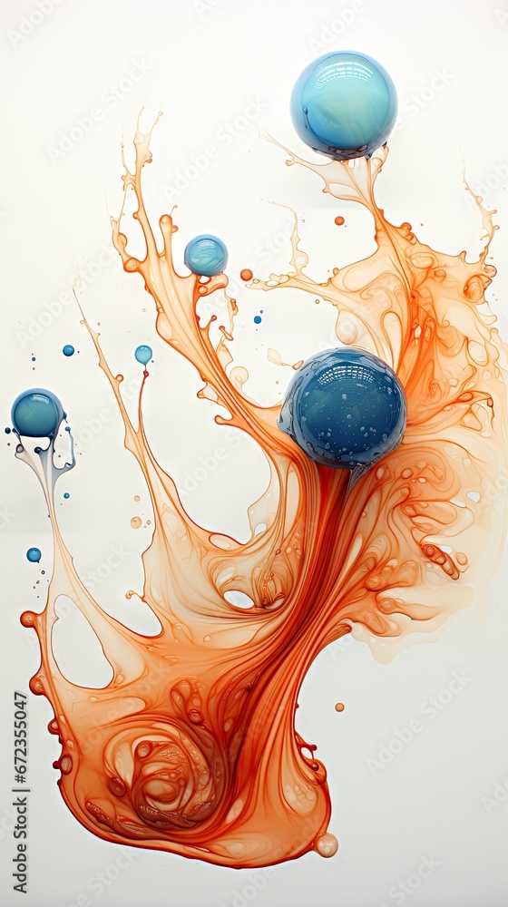 Aufkleber a painting of orange and blue bubbles floating on top of a white surface with a blue object in the m