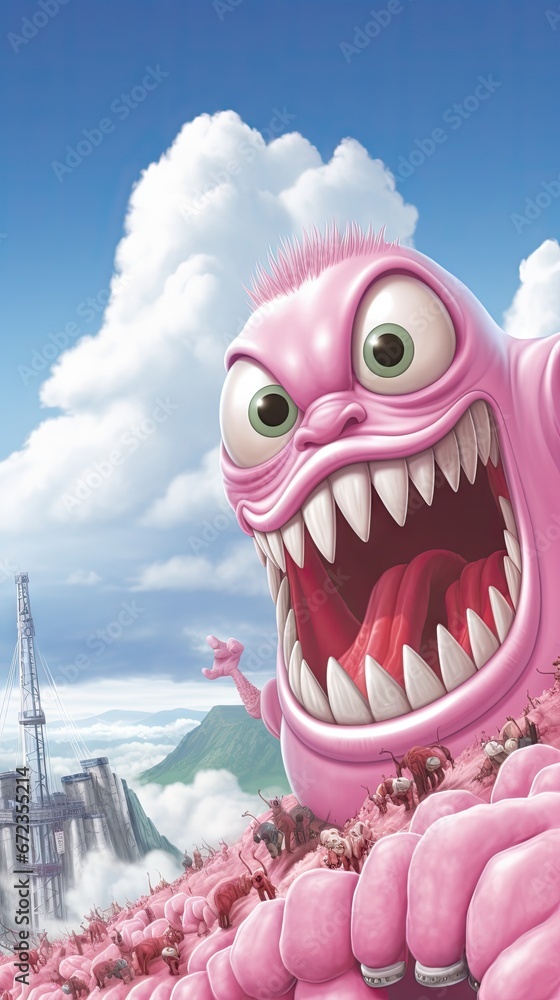 Poster a pink monster with its mouth open in front of a blue sky with clouds and a mountain in the backgrou