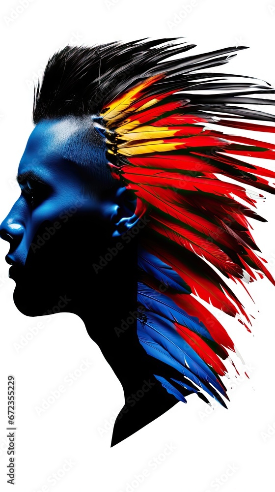 Poster a woman's profile with a multicolored mohawk in the shape of a man's head and a white background. ge