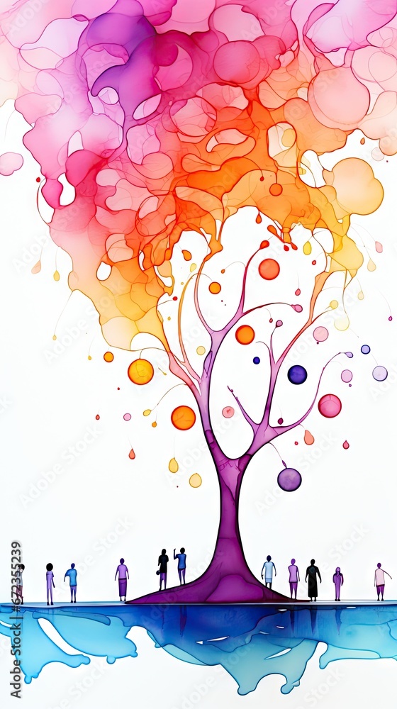 Aufkleber a group of people standing in front of a painting of a tree with colorful bubbles coming out of its 