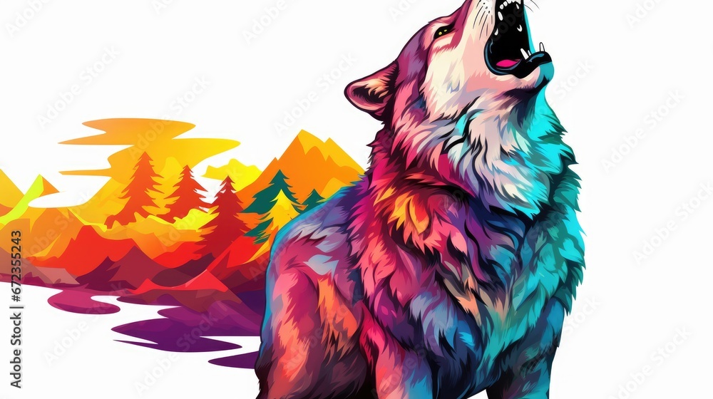 Aufkleber a painting of a wolf with its mouth open and mountains in the background with trees and clouds in th