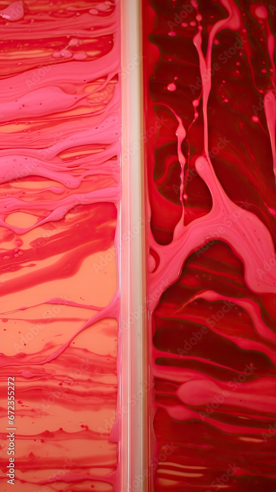 Poster a close up of a painting with a red and pink design on the side of the painting and a red and pink d