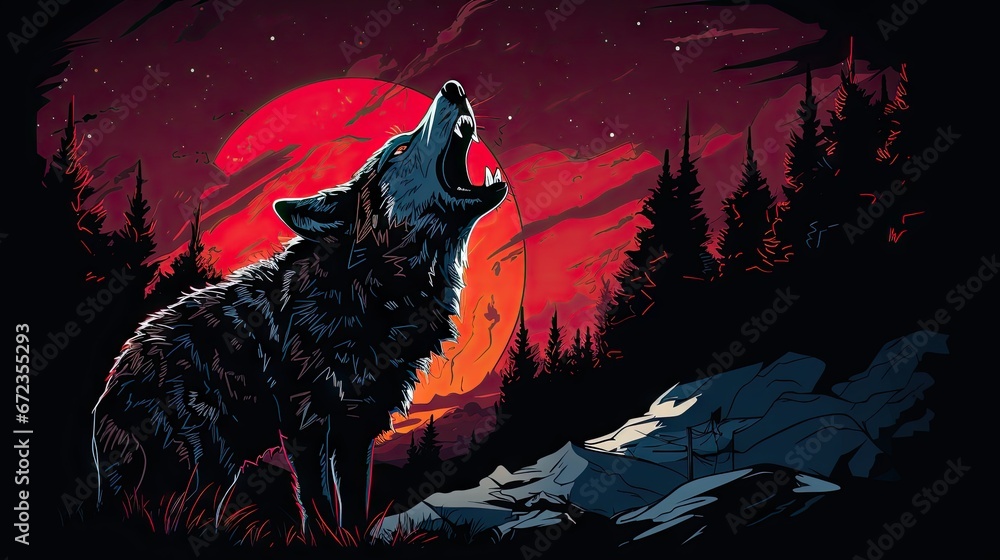 Poster a wolf standing in front of a full moon with trees and rocks in the foreground and a red sky in the 