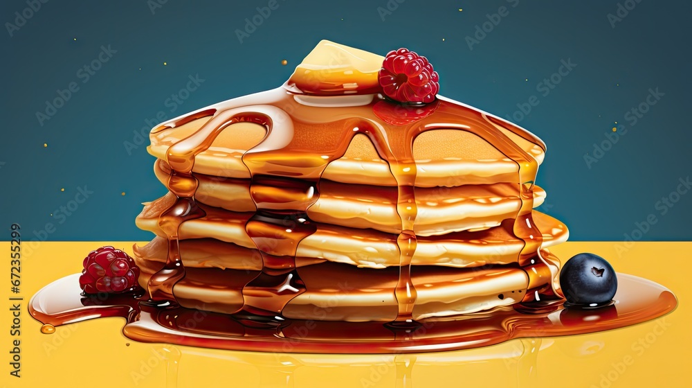 Poster a painting of a stack of pancakes with syrup and berries on a yellow table with a blue and yellow ba