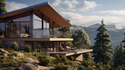 Fototapeta na wymiar The exterior design of modern eco wooden house on mountain that is full of nature. 