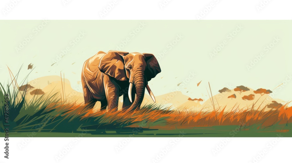 Poster  a painting of an elephant standing in a field of tall grass with a sky in the back ground and clouds in the background.  generative ai