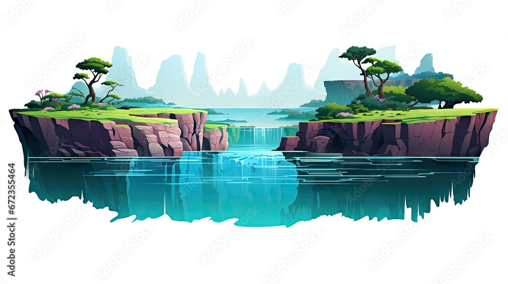 Poster a painting of a small island with a waterfall in the middle of the water and trees on the other side