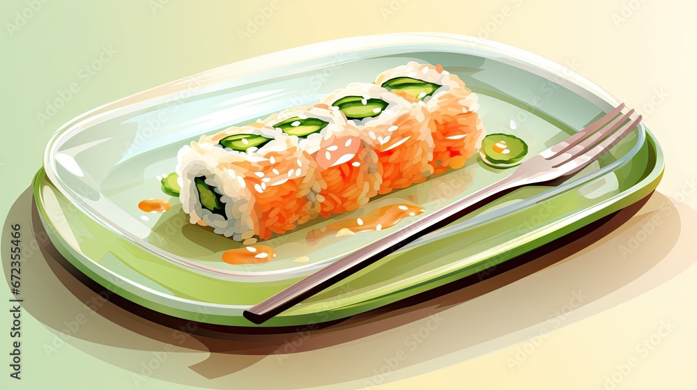 Poster  a piece of sushi with cucumber and sauce on a green plate with a fork on the side.  generative ai