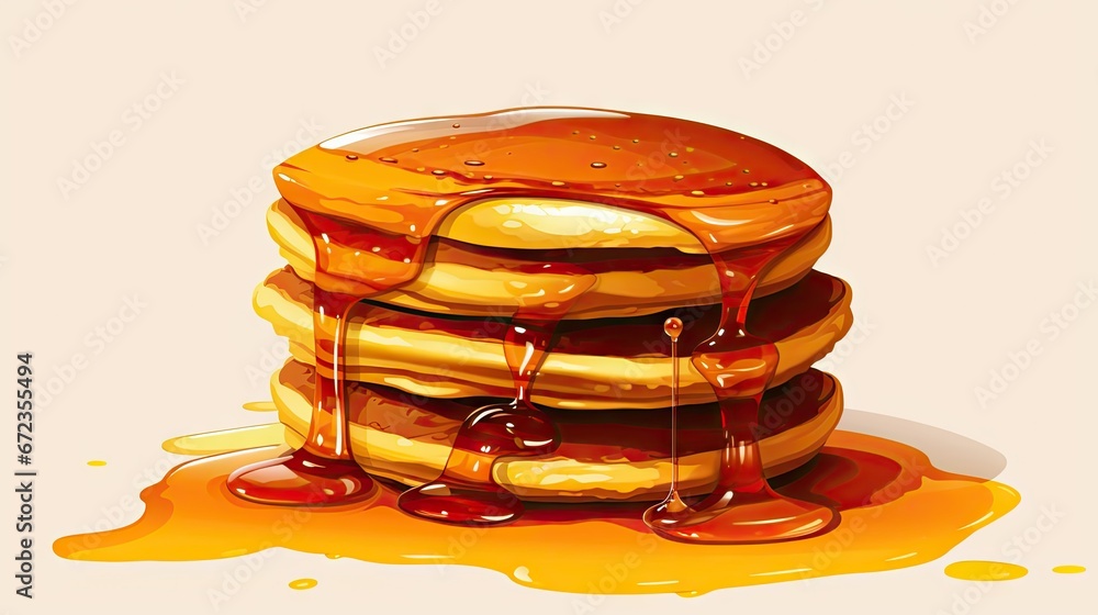 Poster a stack of pancakes sitting on top of a table covered in syrup and syrup drizzled on top of them. ge