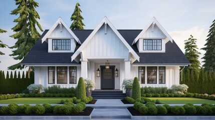 The front view of a new construction cottage craftsman style white house with a triple pitched roof with a sidewalk, landscaping and curb appeal. 8k, - obrazy, fototapety, plakaty
