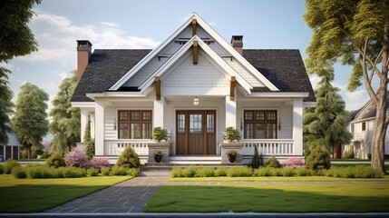 Fototapeta na wymiar The front view of a new construction cottage craftsman style white house with a triple pitched roof with a sidewalk, landscaping and curb appeal. 8k,