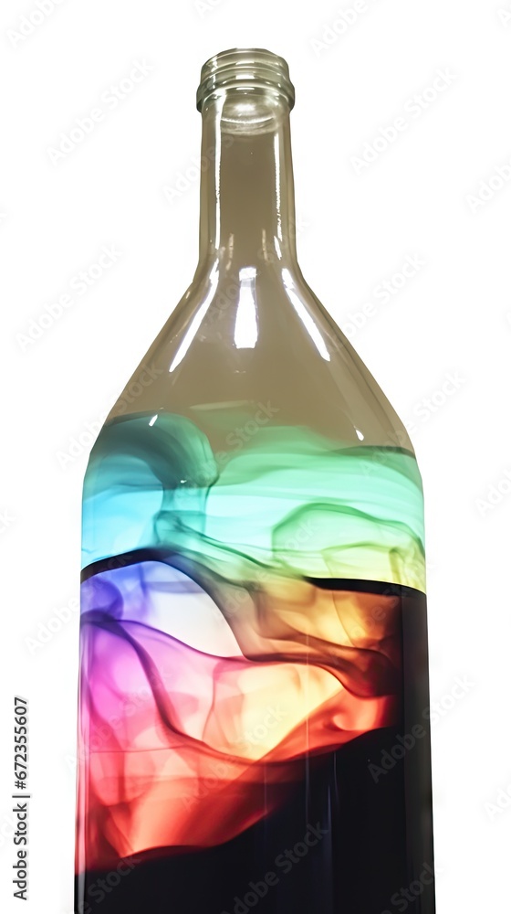 Poster a glass bottle with a multicolored liquid in the bottom and a white background with a black bottom a