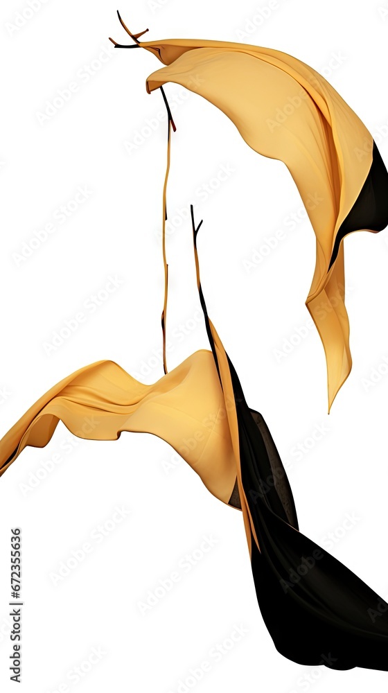 Poster a yellow and black scarf blowing in the wind on a white background with a shadow of a tree branch in