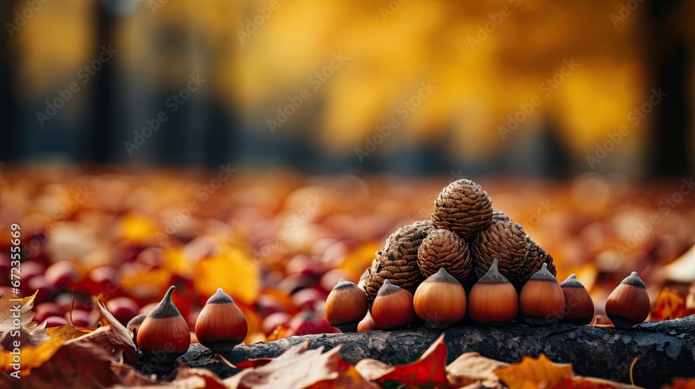 Poster a group of acorns sitting on top of a log in the middle of a field of autumn leaves. generative ai