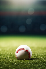 A close up of Ball of baseball on the fresh green grass lawn of the playing field, Baseball Stadium, cinematic, blurred background with copy space
