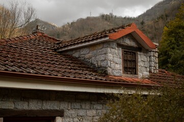 Closeup shot of the building with terracotta tiled roof and chimney with leafless trees in the back