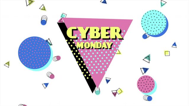 Cyber Monday text with memphis pattern, motion abstract retro, geometric and holidays style background