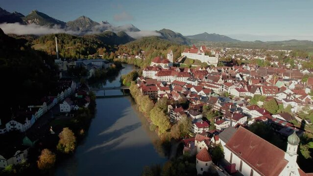 The drone aerial footage of F&uuml;ssen town and River Lech, Bavaria, Germany. F&uuml;ssen is a town in Bavaria, Germany, in the district of Ostallg&auml;u, situated one kilometre from the Austrian border.