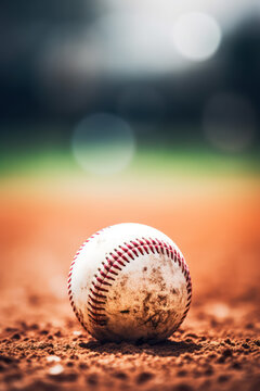 A close up of Ball of baseball on the fresh green grass lawn of the playing field, Baseball Stadium, cinematic, blurred background with copy space