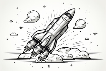 Rocket launch black and white illustration - obrazy, fototapety, plakaty