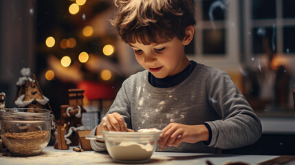 Fototapeta na wymiar A young child in an apron is focused on baking and decorating Christmas gingerbread cookies, with a festive tree and warm lights illuminating the cozy kitchen setting.